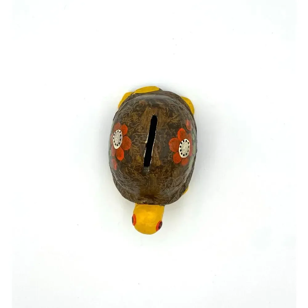 Vintage Ceramic Turtle Coin Bank 1970s Hippie Boho Flowers READ